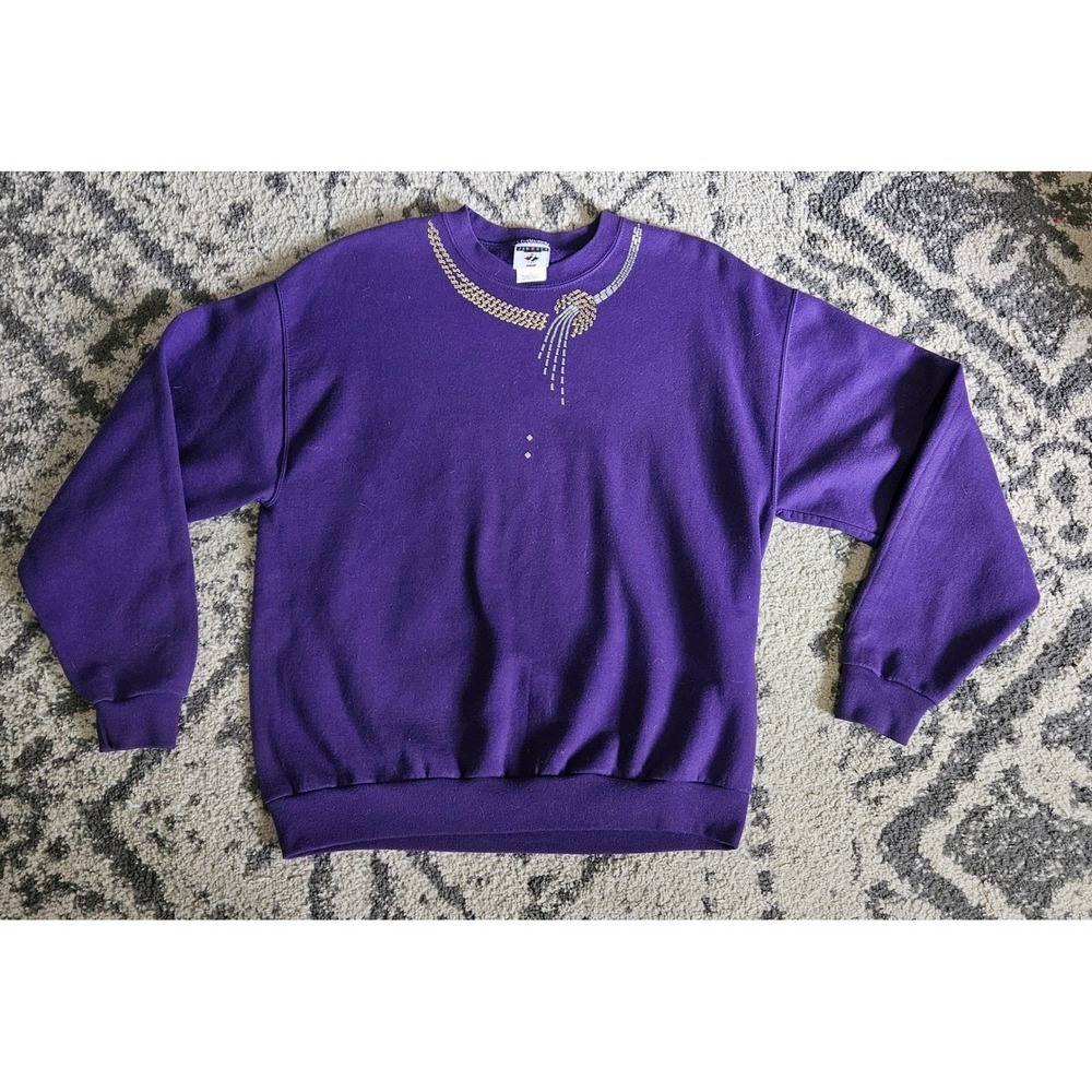 Vintage Jerzees NuBlend Purple Sweatshirt Metallic Necklace Graphic Womens Large
